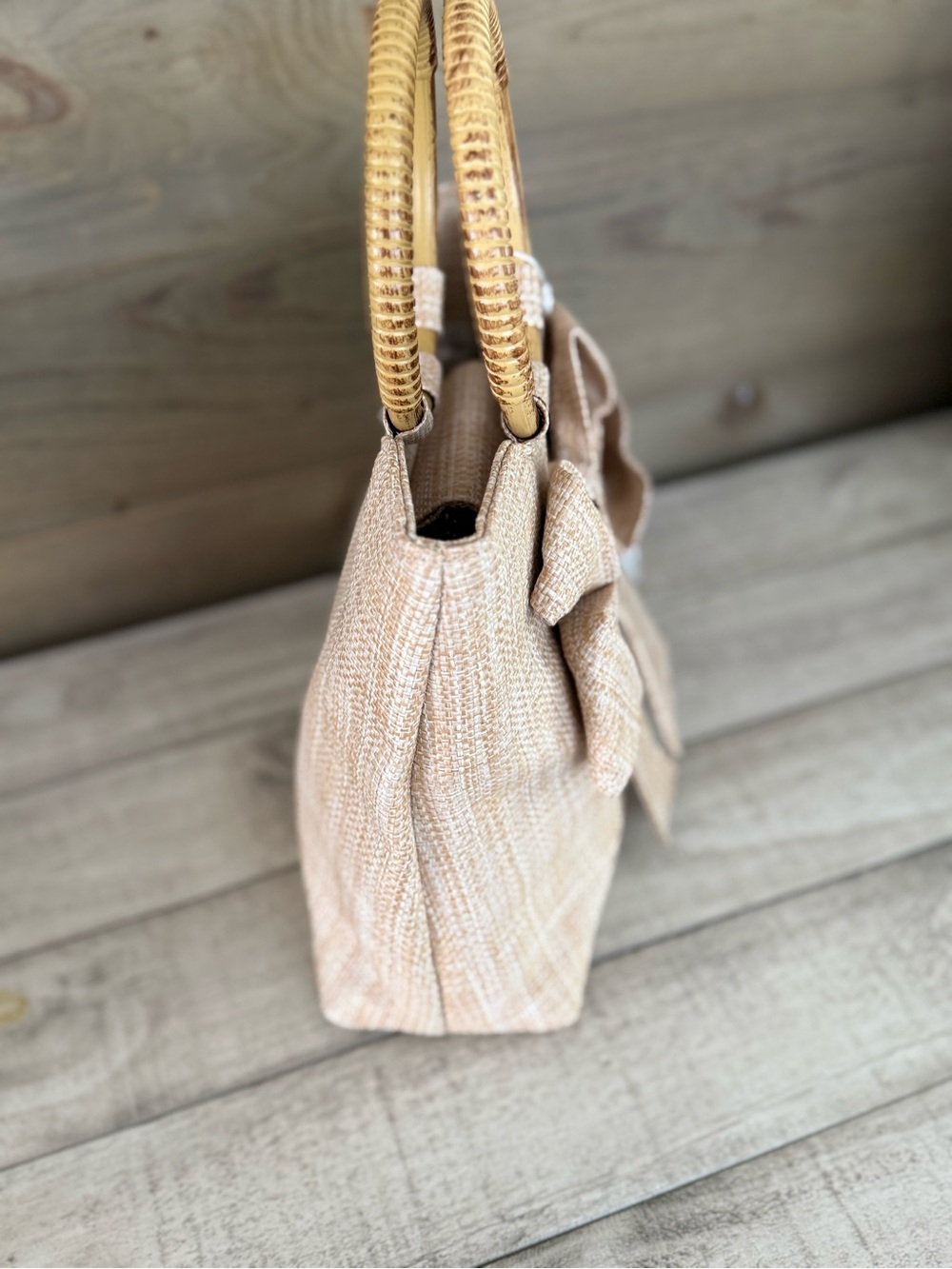 TOMMY BAHAMA Bow Accent Woven Tote Bag with Bamboo Handles - Beige - Picture 8 of 9